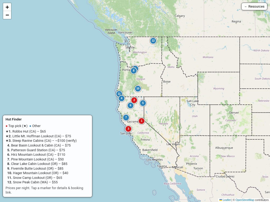 Map of California, Oregon, and Washington with numbered markers for twelve rentable cabins and lookouts